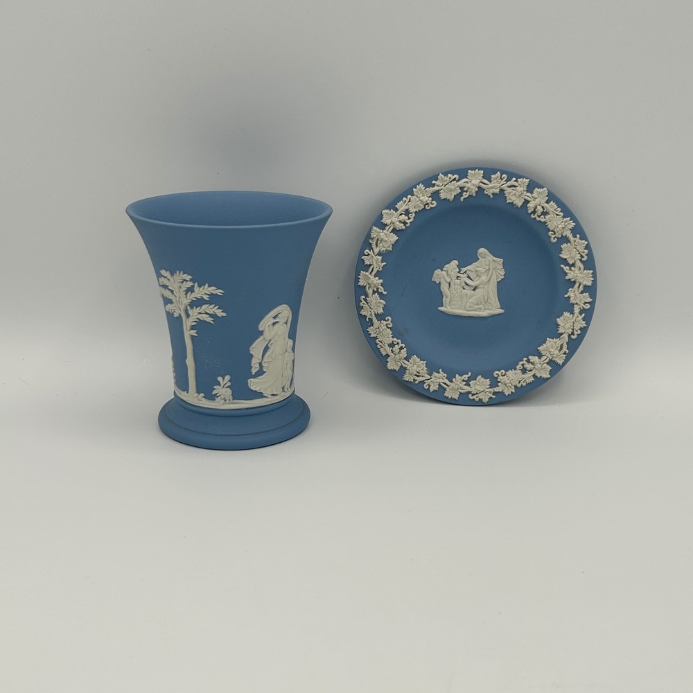 Vintage Wedgwood Blue Jasperware Vase Saucer Set Classical Relief Stoneware 3.5"